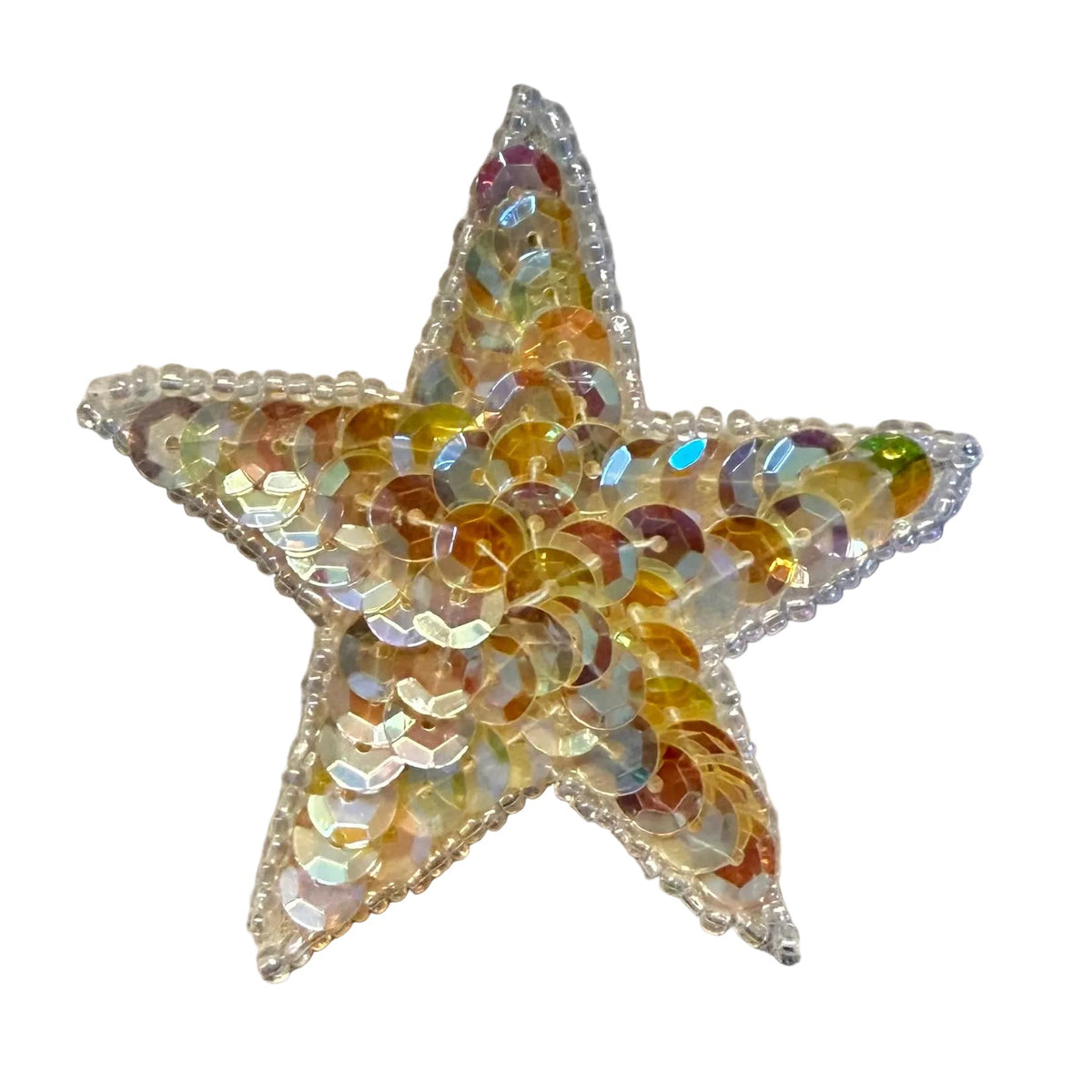 Iridescent Beige Sequin Star Appliqué with Glass Beads, 2.5"