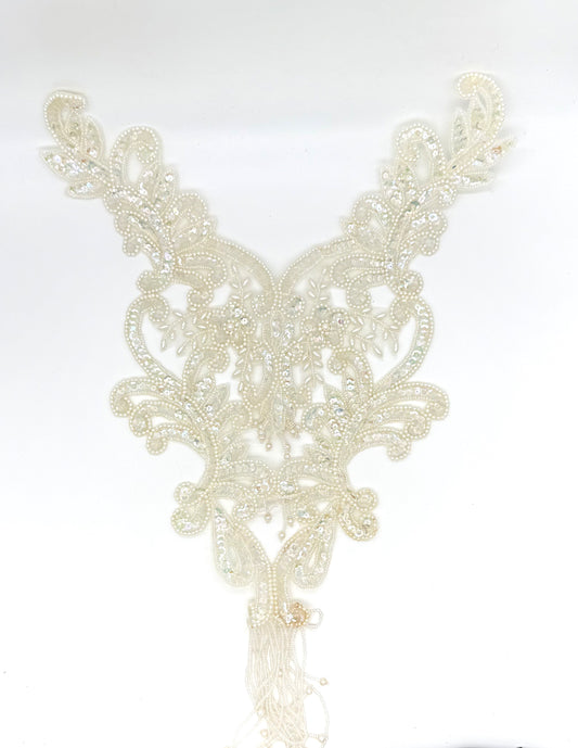 Designer Motif Bodice Neckpiece - Iridescent Sequins - Beads - Pearls 20”x 13”