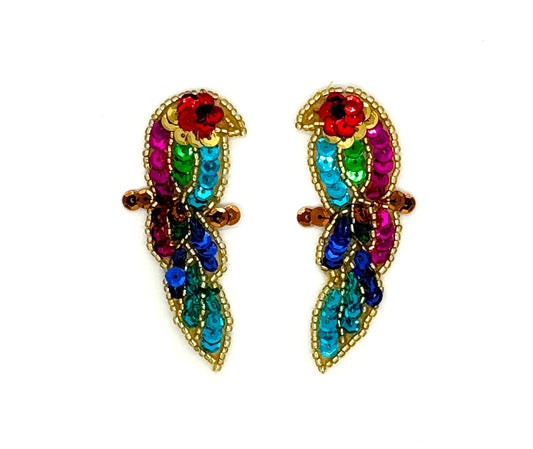 Parrot - Pair - Multicolored Sequins - Gold/Black Beads 3" x 1.25"