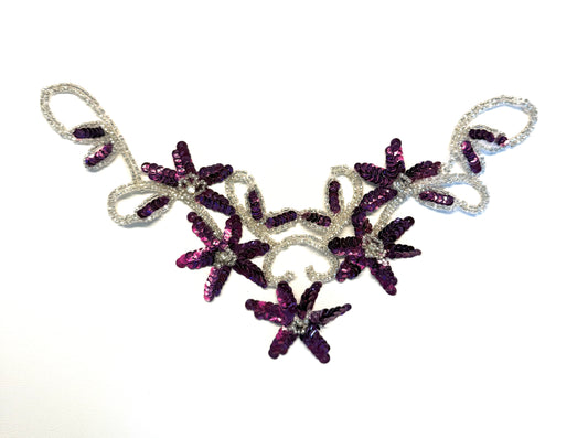 Flower Neckline Appliqué – Plum Sequins, Beads & Rhinestones | 11.5" x 6"