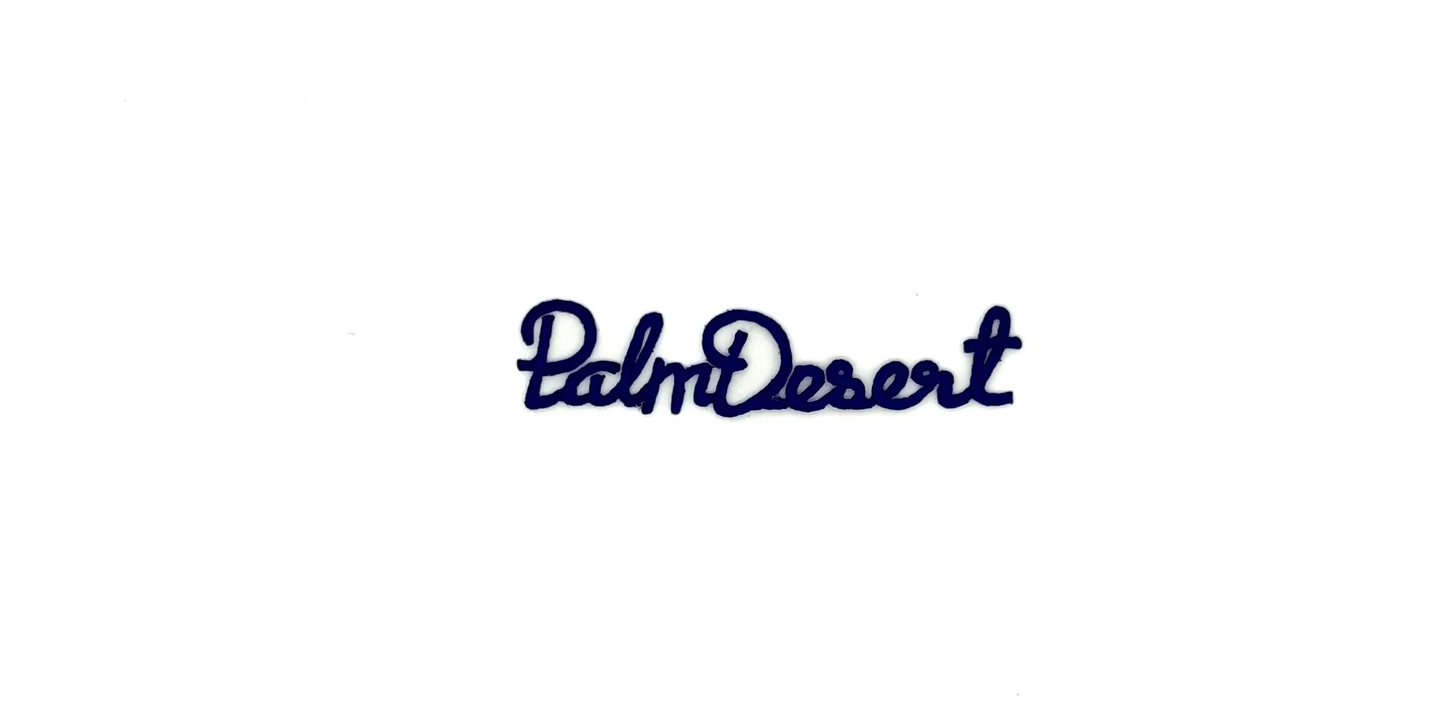 The Word “Palm Desert” - Choice of Blue/Brown/Gold  Embroidered Iron-on 3.25" x .75"