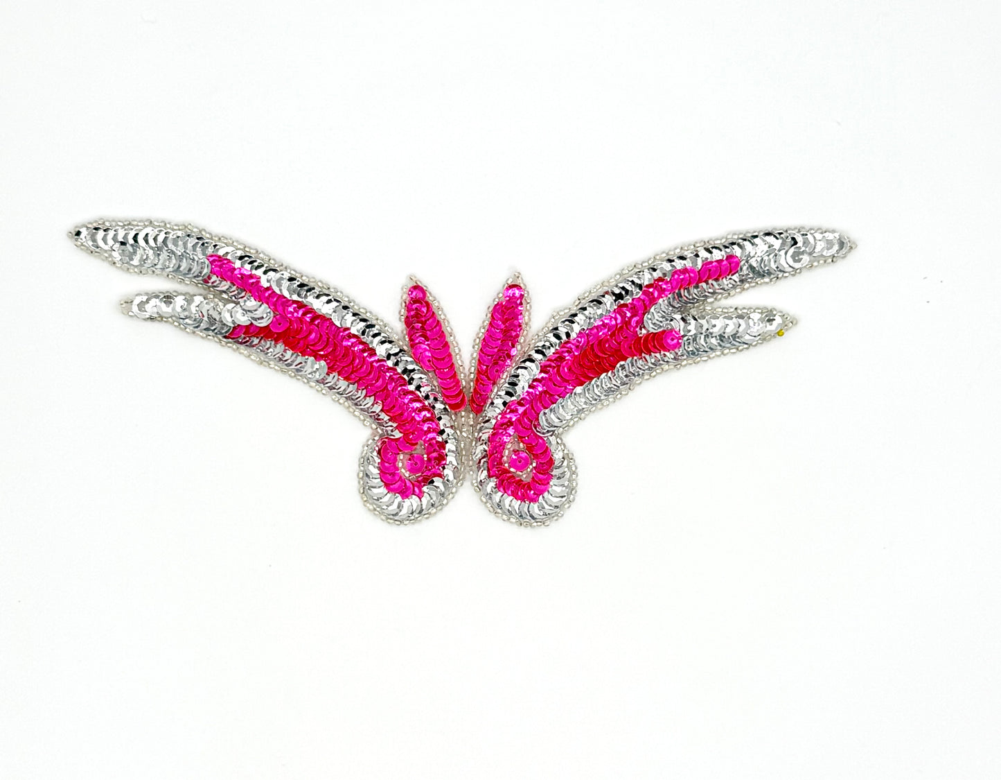 Designer Motif Wing - Pink/Silver Sequins - Silver Beaded Trim 9”x 3”