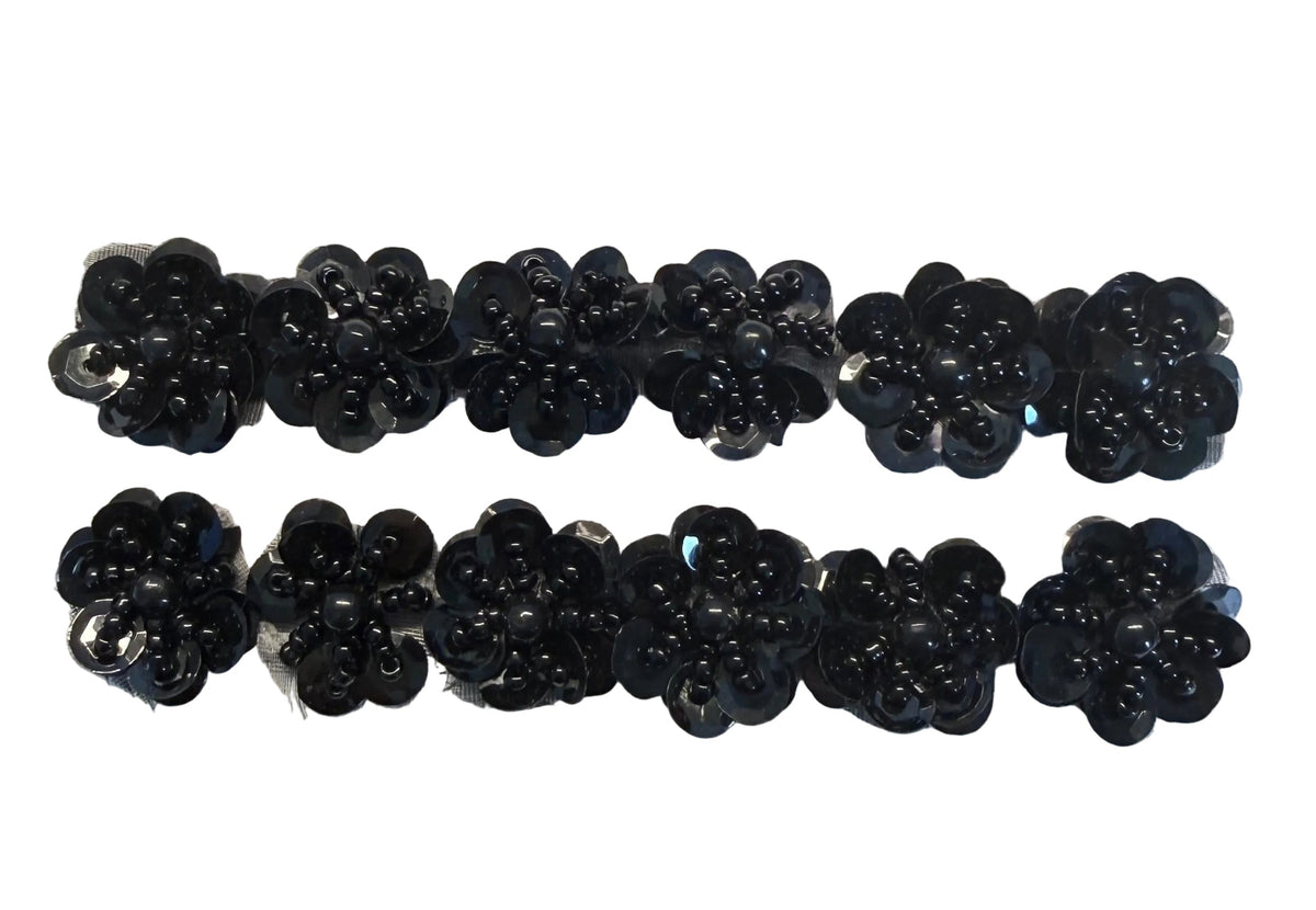 Set of 12 Handmade Flower Appliques with Black Sequins and Beads 1"