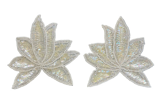 Leaf Pair Applique - Iridescent Sequins - Pearl Beaded Trim 5.5" x 5.5"