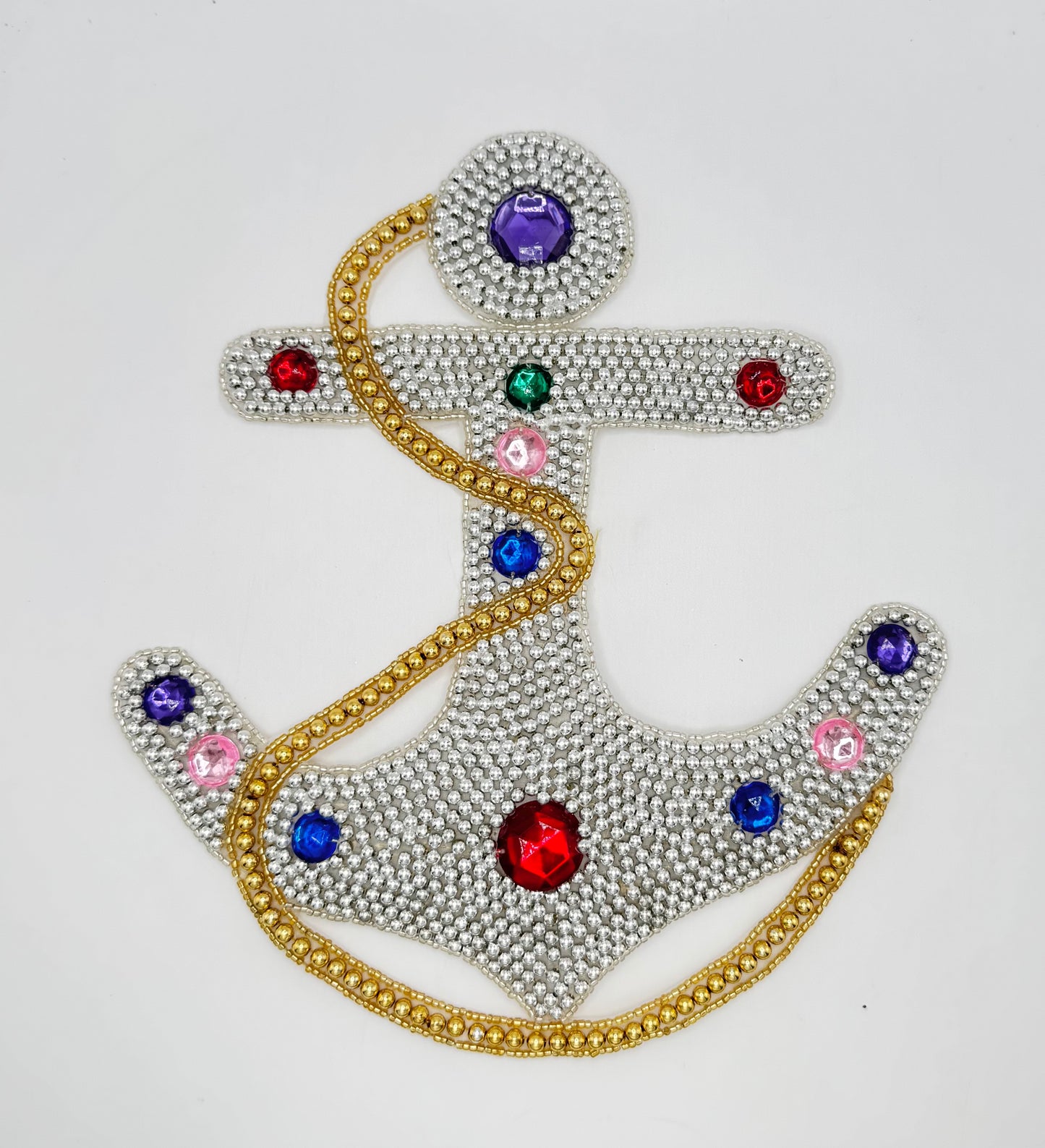 Anchor with Rope - Choice of Color Silver or Gold Beads - Multicolored Rhinestones 9.75" x 8.5"