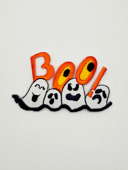 “BOO”with Four Ghosts Embroidered Iron-On 1.5" x 3"