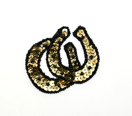 Double Horseshoe with Gold Sequins and Black Beads 2.5” x 2.25”