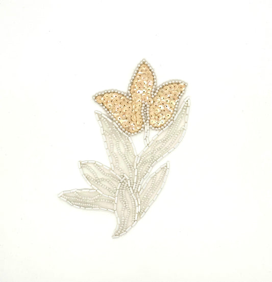 Beige Sequin Flower Appliqué with White Bugle & Pearl Beads – 6" x 4.5"