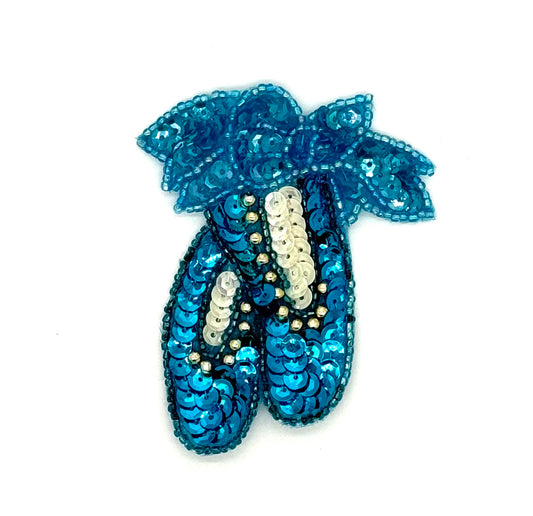 Ballet Slippers - Turquoise/ White Sequins -Turquoise/Gold Beads  3.5" x 3"
