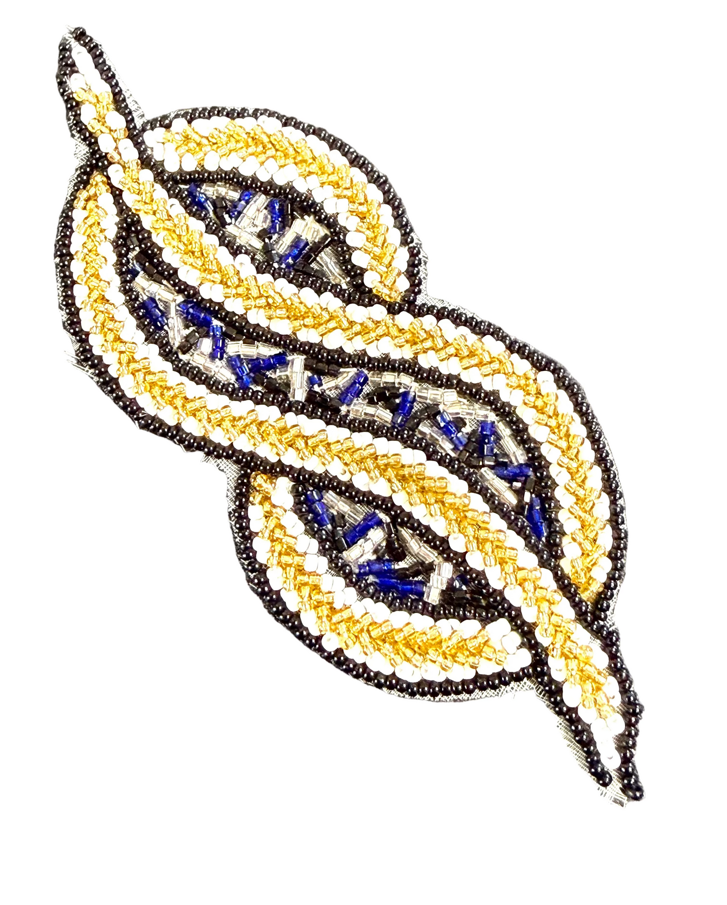 Decorative leaf design with black, gold, and blue beads on a white background