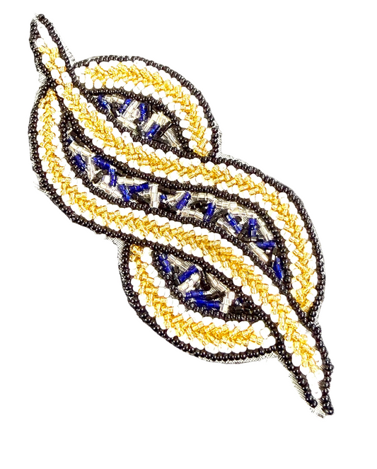 Decorative leaf design with black, gold, and blue beads on a white background