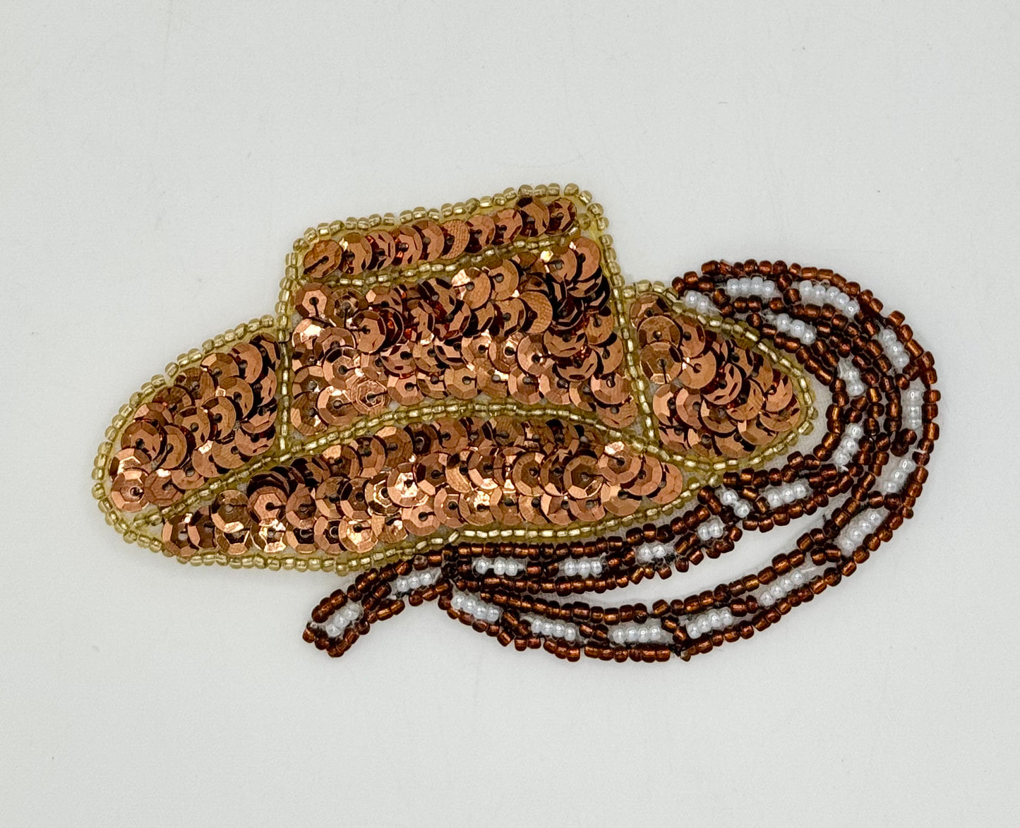 Cowboy Hat with Bronze Sequins and Gold, White and Bronze Beads 4.25" x 2.5”