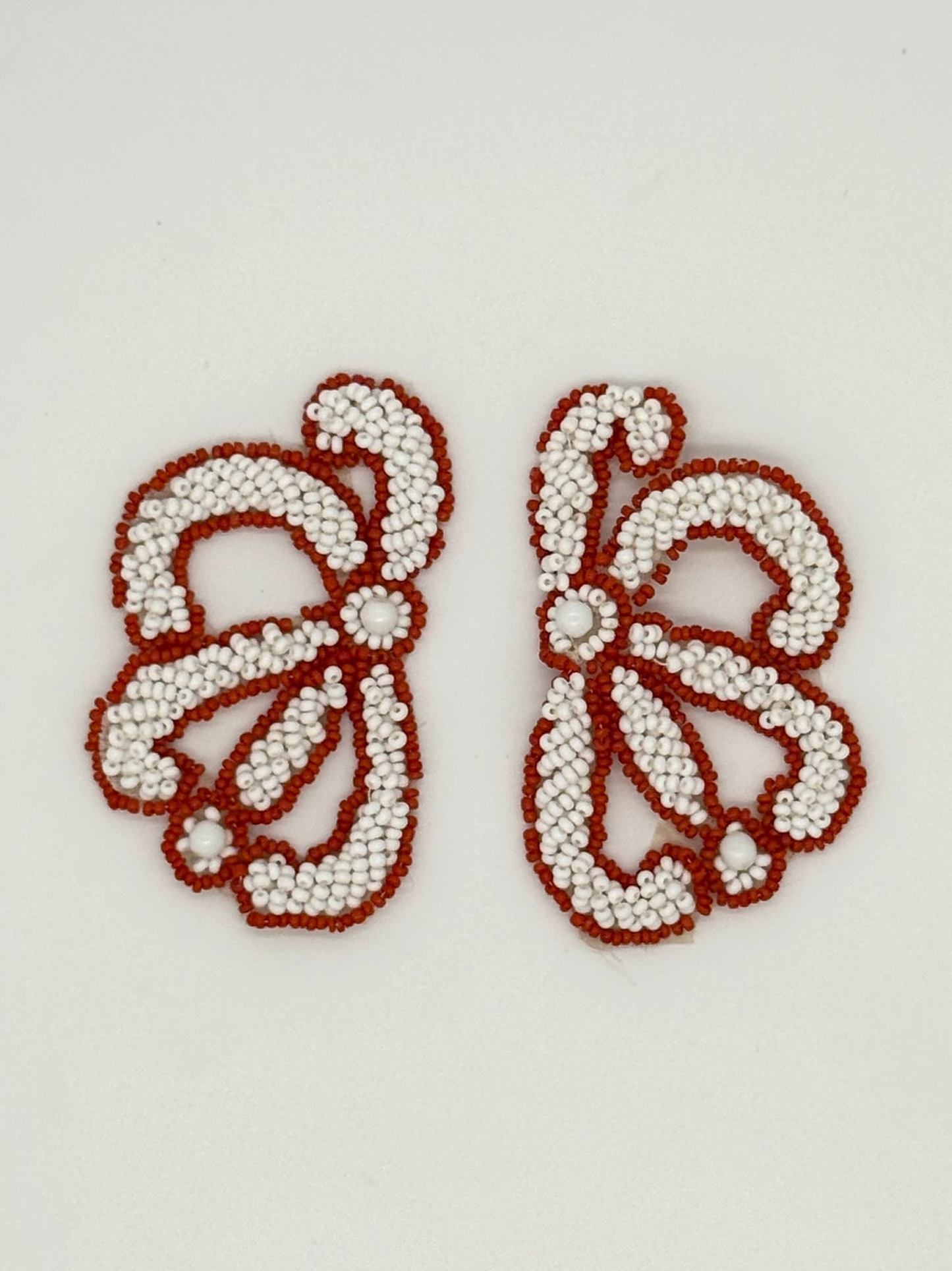 Designer Motif Pair or Single with White and Dark Orange Beads 3" X 2"