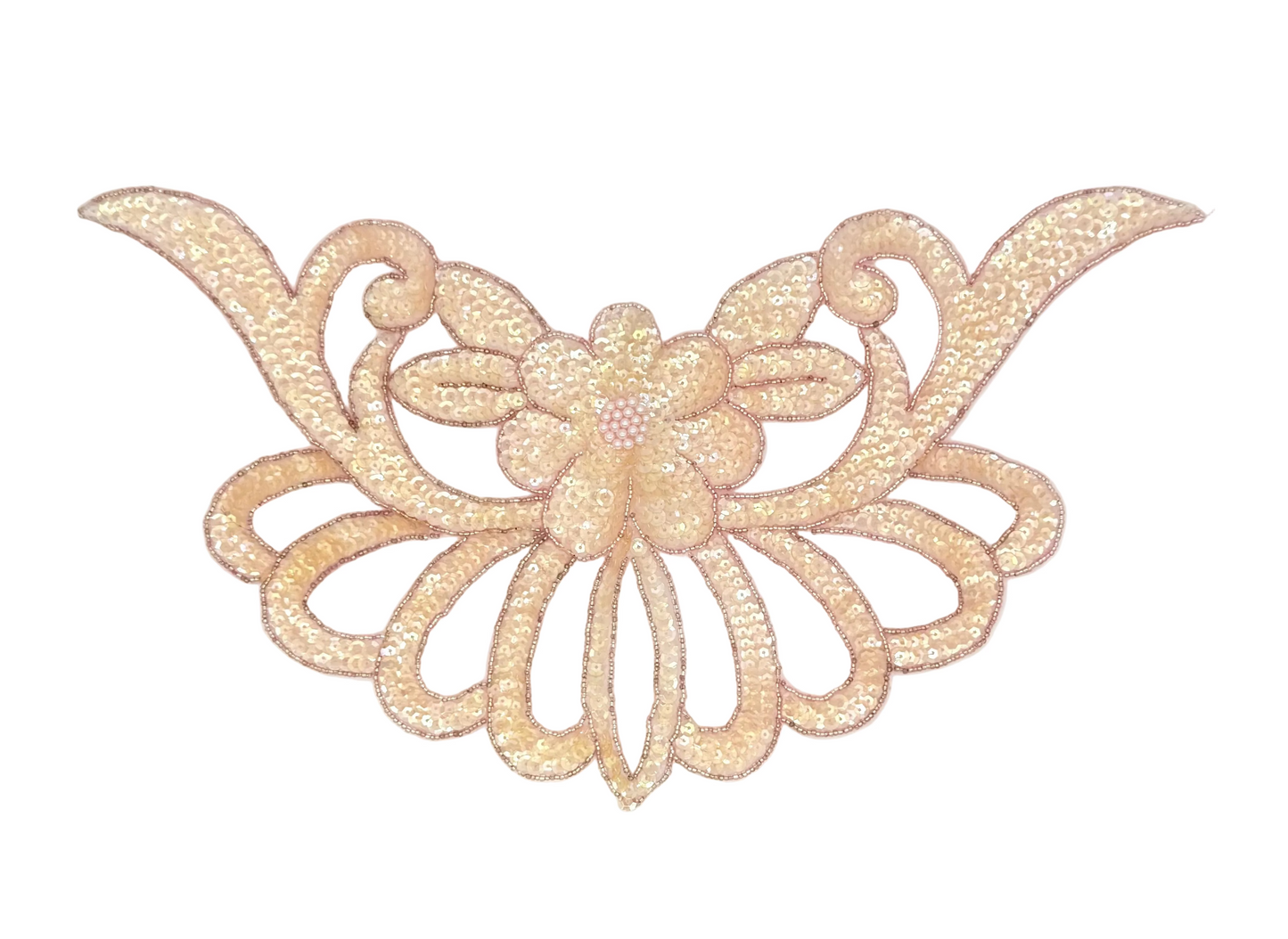 Designer Motif Flower Collar Neckpiece - Iridescent Beige Sequins - Pink Beads 16”x 8”