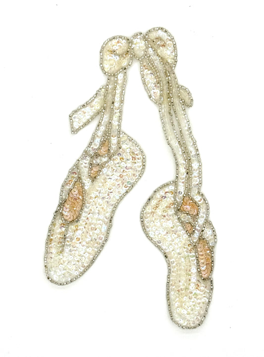 Ballet Slippers - Iridescent/Beige Sequins - Silver Glass Beads 9.5" x 6"