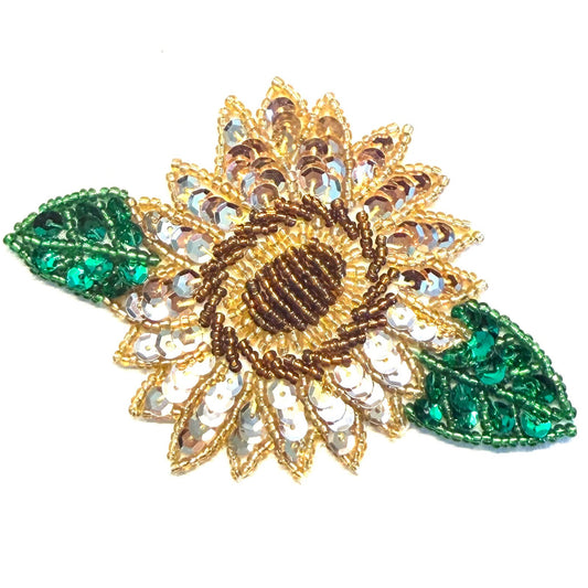 Gold & Green Sequin Flower Appliqué with Glass Beads – 4" x 3"