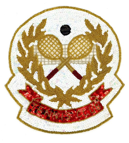 Escudo de Lentejuelas Club de Tenis con Lentejuelas Blancas y Cuentas Doradas 28 cm x 25 cm