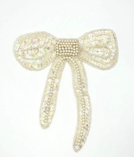 Bow with Iridescent Sequins, Pearls and Clear Beads 6" x 6"