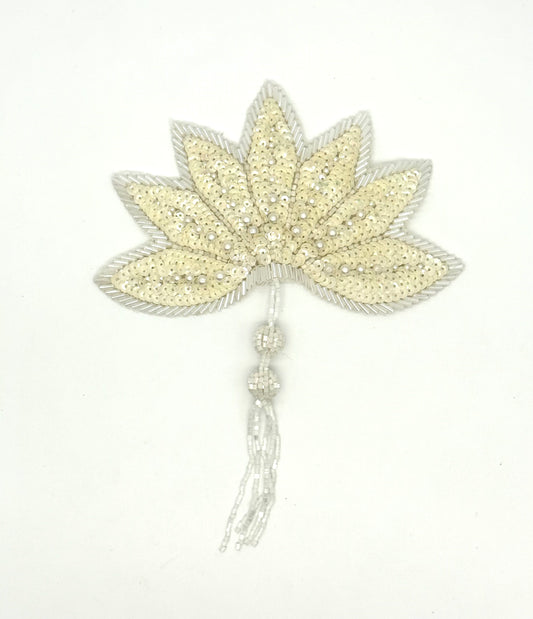 Epaulet Leaf - Ivory Sequins - White Beads 8" x 6"