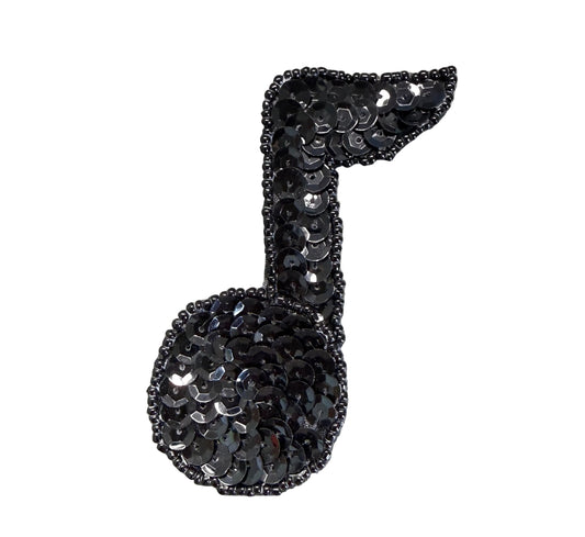 Musical Single Note Appliqué - Black Sequins - Beads 3.5" x 2.5"