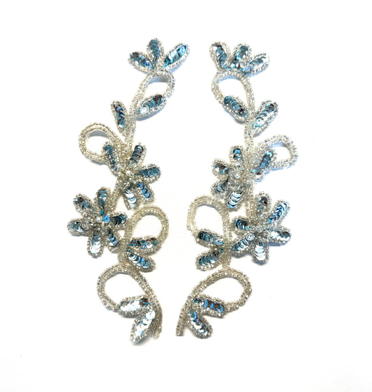 Flower Pair Appliqué – Ice Blue Sequins, Glass Beads & Rhinestones | 8" x 3.5"