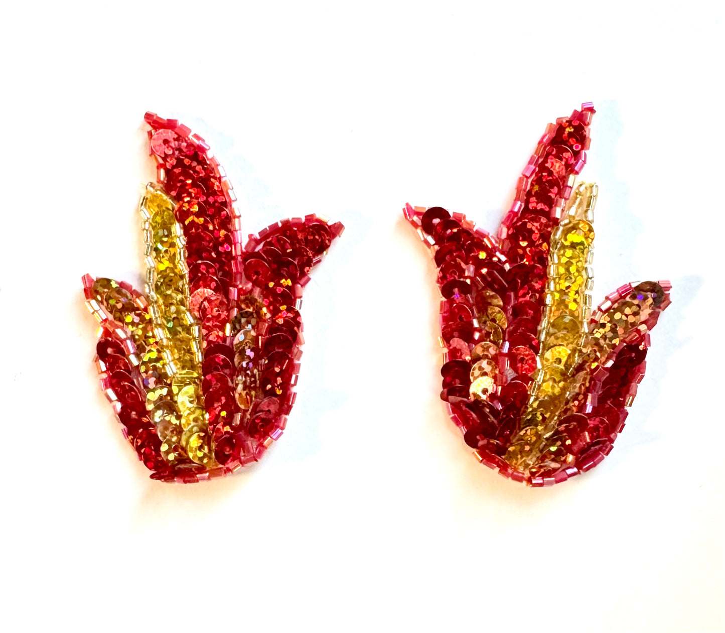 Flame Pair with Laser Spotlight, Red and Red and Gold Sequins and Beads 2.5" x 2"