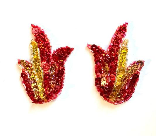 Flame Pair with Laser Spotlight, Red and Red and Gold Sequins and Beads 2.5" x 2"
