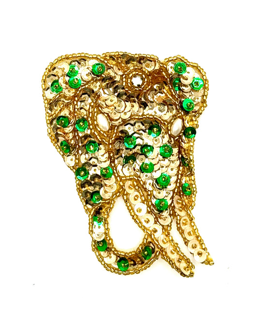 Elephant with Gold, Green and Ivory Sequins, Gold Beads, Pearl Eyes and a Rhinestone 3.75" x 3"