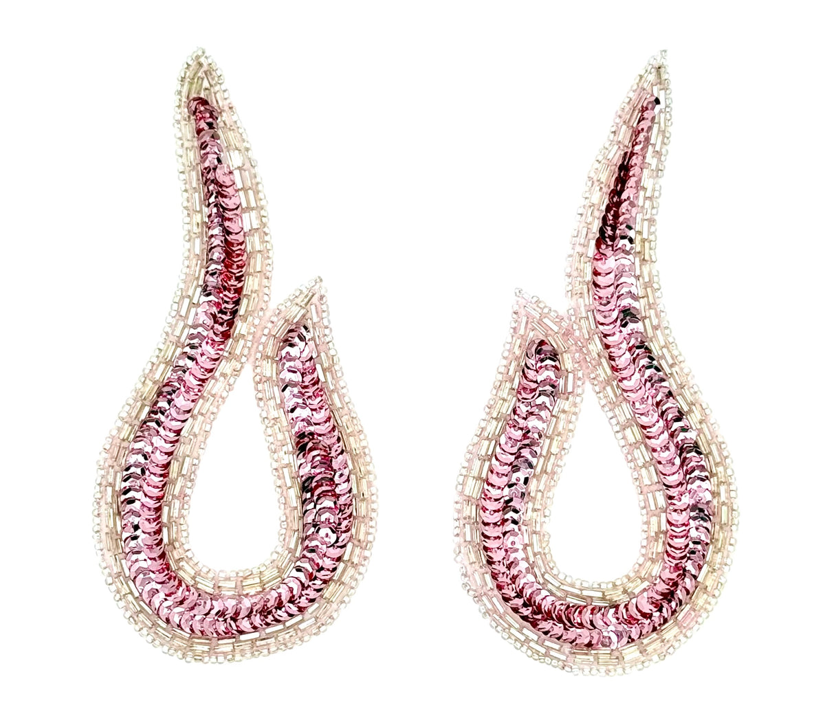 A pair of teardrop-shaped appliqués with pink sequins and silver beads, set against a plain white background.