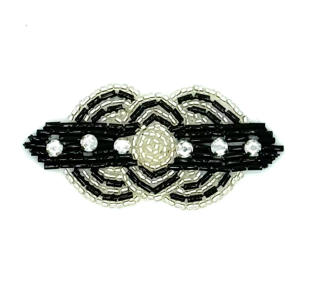 Designer Motif Double Circle Appliqué - Silver/Black Glass Beads - Rhinestones Two  3.5" x 1.5"