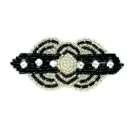Aplique de Doble Círculo Diseño de Autor - Cuentas de Cristal Plata/Negro - Pedrería Dos de 3.5" x 1.5"