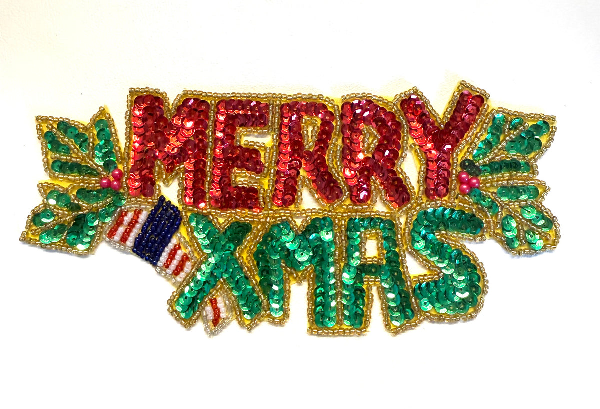 Feliz Navidad palabra lentejuela roja y verde con cuentas de 8" x 3.75"