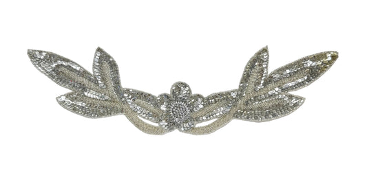 Silver Sequin Floral Neckline Appliqué with Silver Beads — 17" x 4"