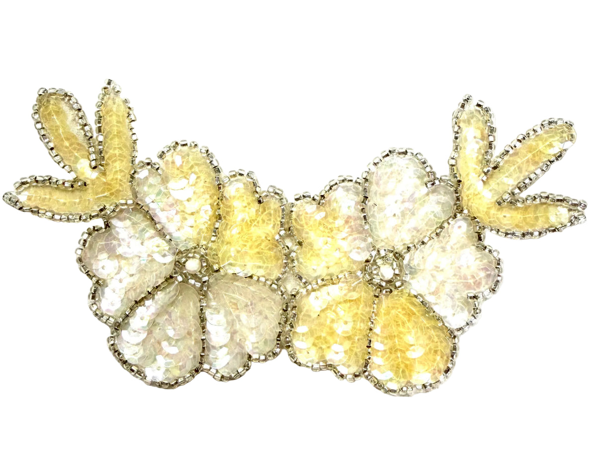Double Flower Appliqué - Choice of Color Sequins - Glass Beads - Pearl Center 5.5” x 3”