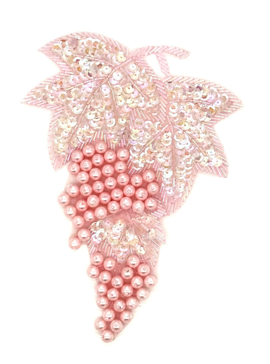 Leaf and Grapes on a Vine - Iridescent Sequins Pink Glass/Bugle Beads - Faux Pearls  7.5" x 5.5"
