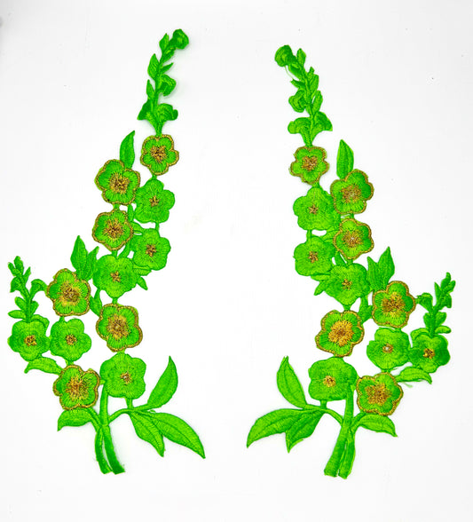 Flower Pair with Bright Lime Green and Gold Embroidery Iron-On 5" x 11"