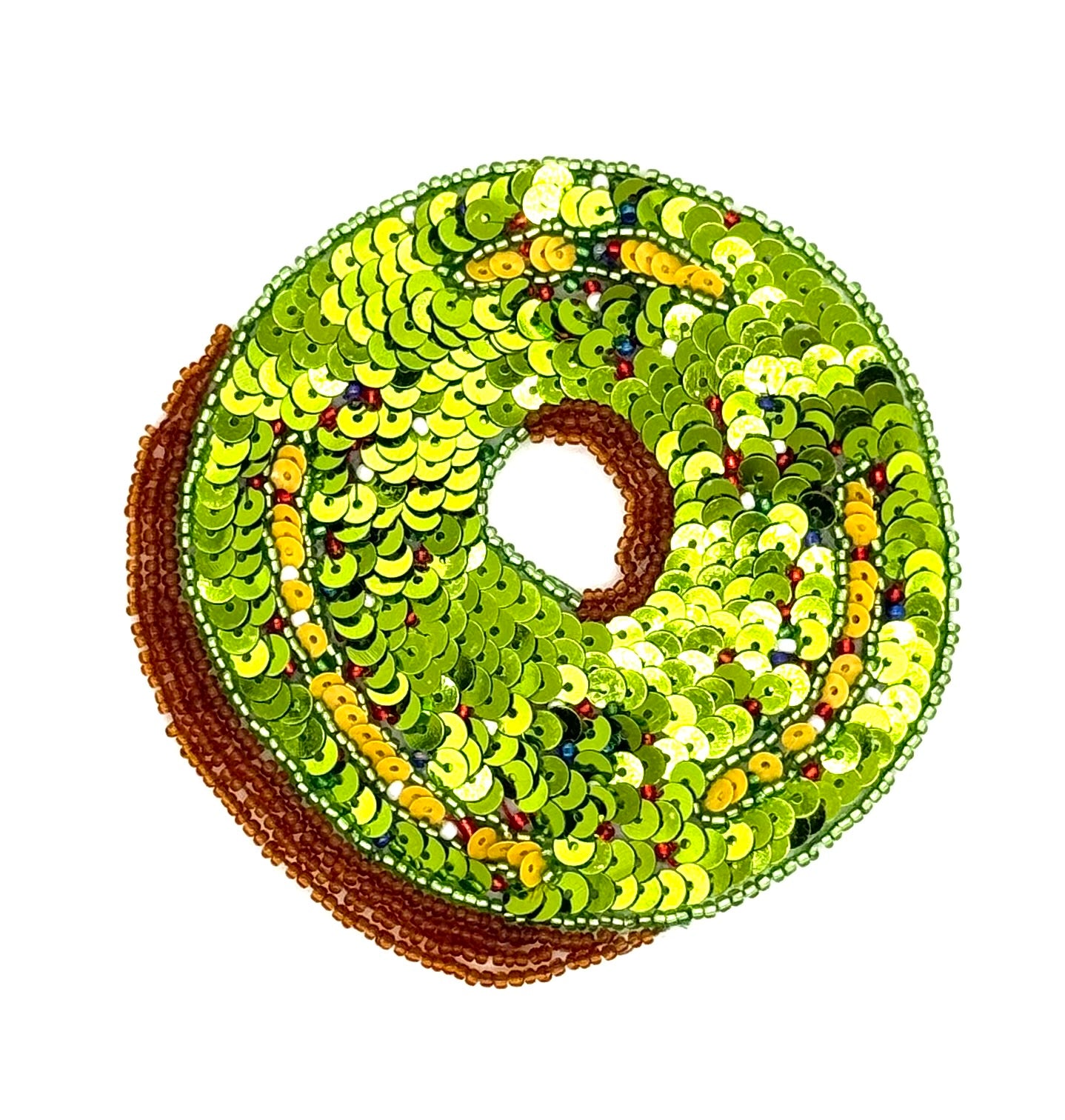 Donut Appliqué -Lime Green/Beige Sequins - Multicolored Glass Beads  4" x 4"