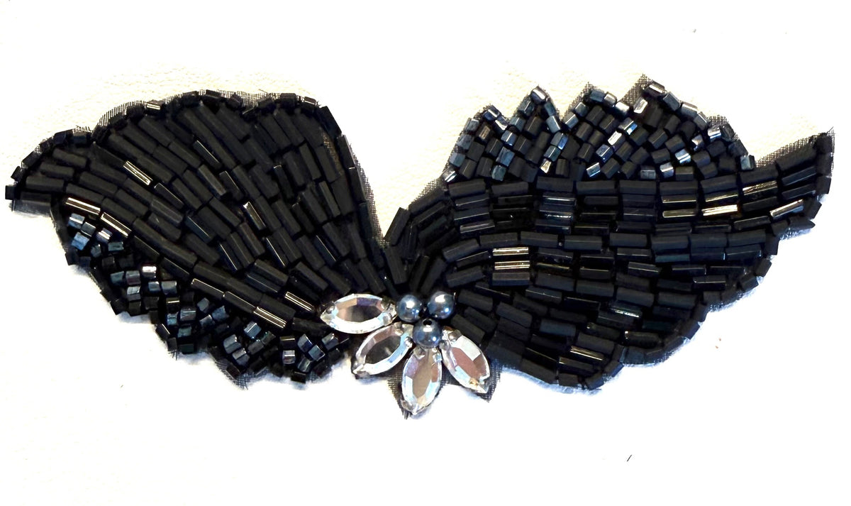 Gunmetal & Black Beaded Designer Motif with Silver Stones – 1.5" x 4"
