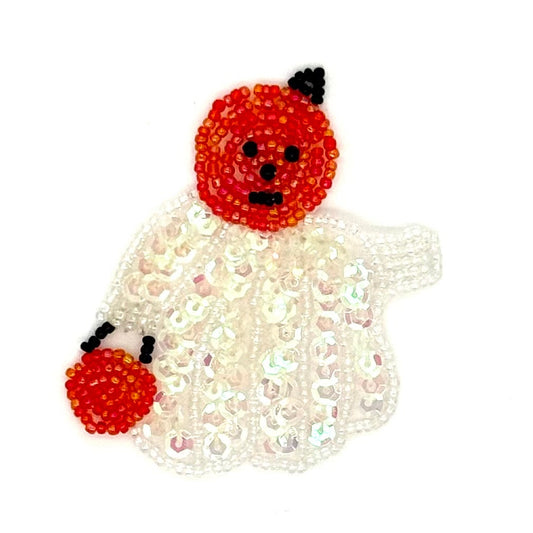 A Halloween-themed beaded applique featuring a white sequined ghost with a red beaded pumpkin head and matching pumpkin in one hand, set against a plain white background.