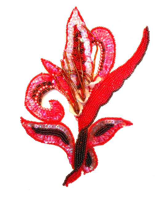 Iridescent Red Sequin Flower Appliqué with Bugle, Glass & Pearl Beads, 8 x 5.5 in