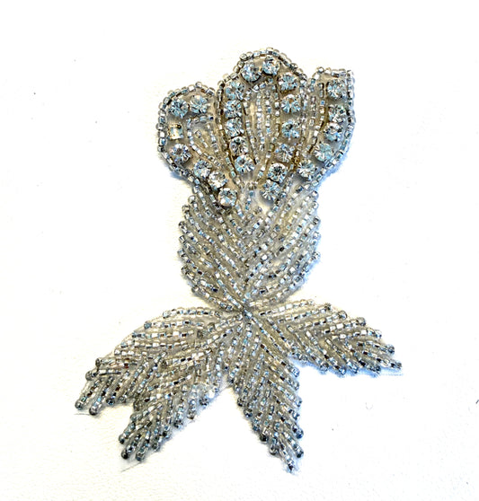 Vintage-Style Rhinestone & Beaded Flower Appliqué, 4" x 3"