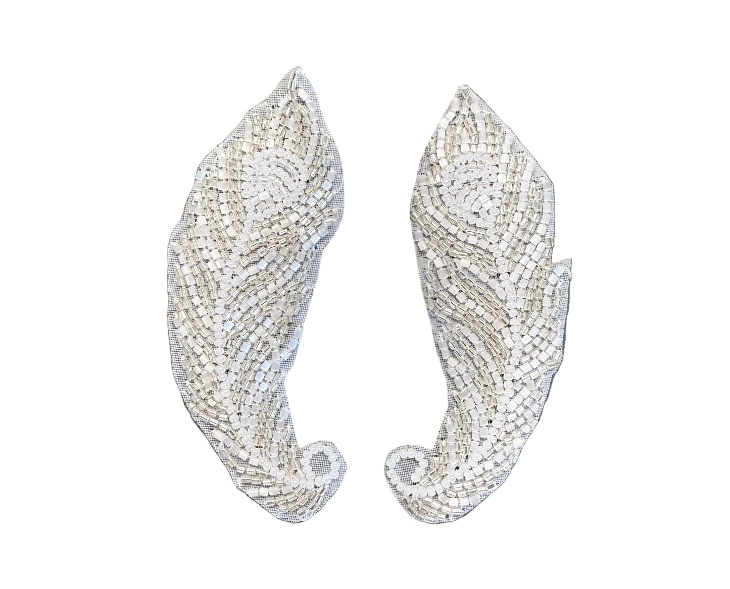 Designer Motif Feather Shaped Pair - White/Silver Beads 4.25” x 1.5”