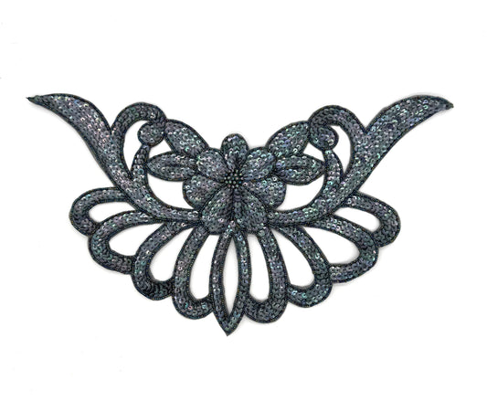 Designer Motif Flower Collar Neckpiece - Gunmetal Sequins - Moonlight Beads 16”x 8”