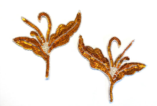 Orange Sequin & Beaded Flower Appliqué, Pair  6.5" x 6"