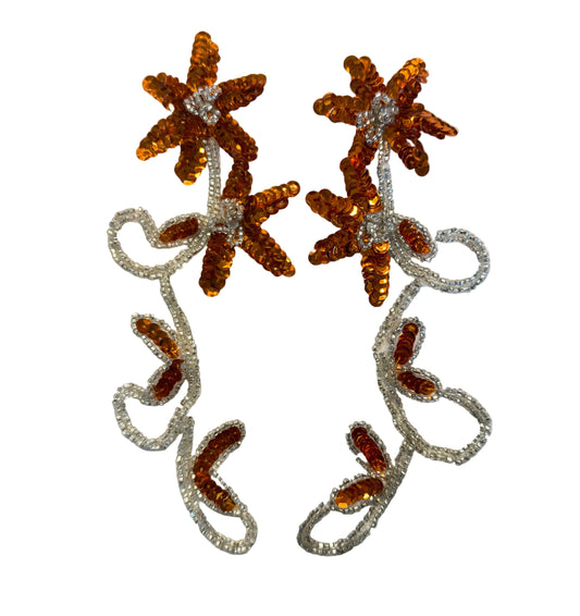 Flower Pair Appliqué – Orange Sequins, Silver Beads & Rhinestones | 8" x 3"