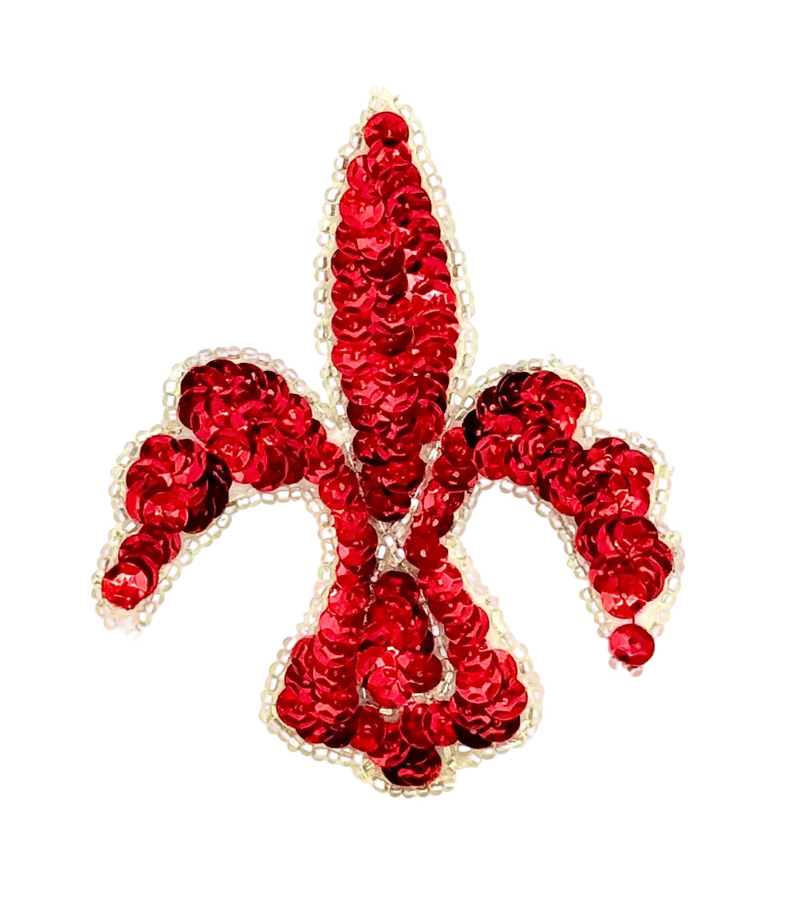 Red sequin fleur-de-lis on a white background