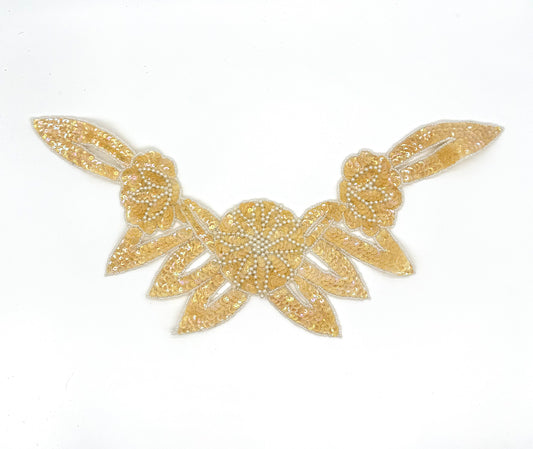 Designer Motif Flower Neckpiece - Beige Sequins - White Beads 16”x 7.5”