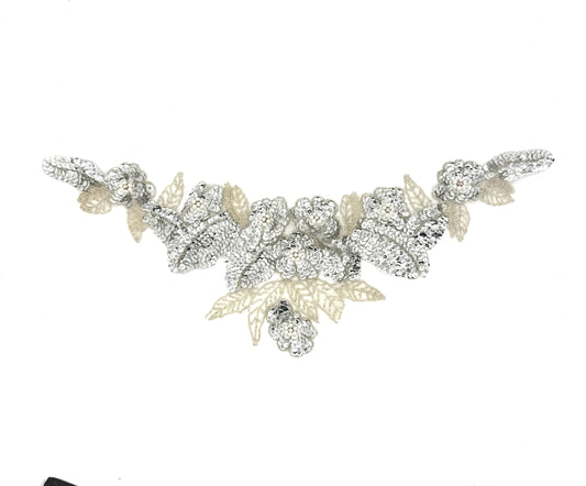 Designer Motif Flower Neckpiece -Silver Sequins - Beads - Rhinestones 20" x 7"
