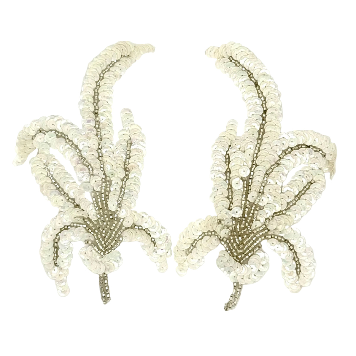 China White Sequin & Silver Bead Leaf Appliqué – 6.25" x 4" | Pair or Single