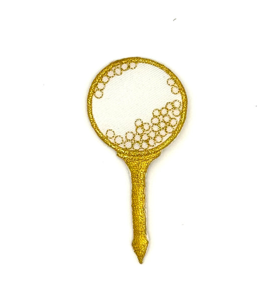 Pelota y Tee Dorados, Blanco con Dorado Metálico, Bordado Termoadhesivo 3.25" 1.5"